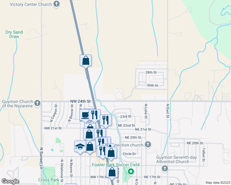 map of restaurants, bars, coffee shops, grocery stores, and more near East 24th Street in Guymon