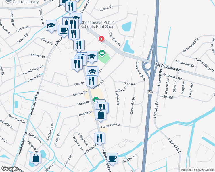 map of restaurants, bars, coffee shops, grocery stores, and more near 204 Scarlett Drive in Chesapeake