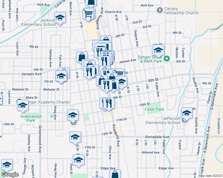 map of restaurants, bars, coffee shops, grocery stores, and more near 801 L Street in Sanger