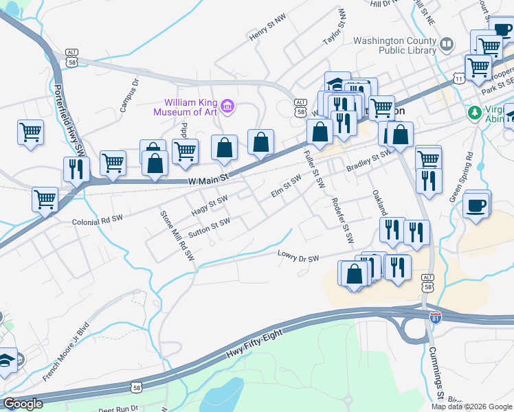map of restaurants, bars, coffee shops, grocery stores, and more near 459 Sutton Street Southwest in Abingdon