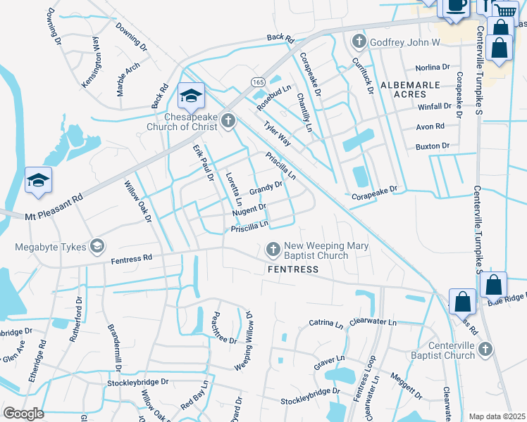 map of restaurants, bars, coffee shops, grocery stores, and more near 1100 Ronlynn Road in Chesapeake