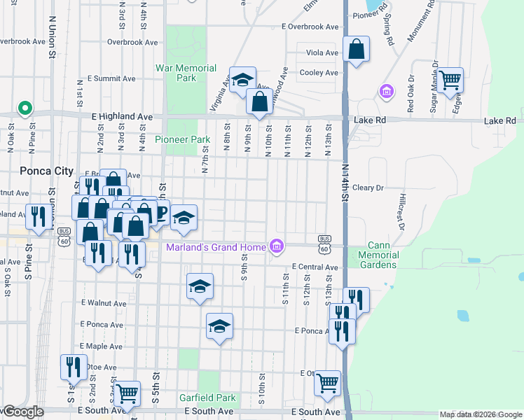 map of restaurants, bars, coffee shops, grocery stores, and more near 210 North 10th Street in Ponca City