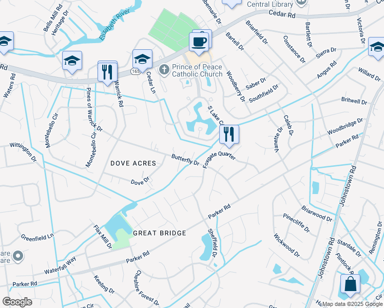 map of restaurants, bars, coffee shops, grocery stores, and more near 508 Butterfly Drive in Chesapeake