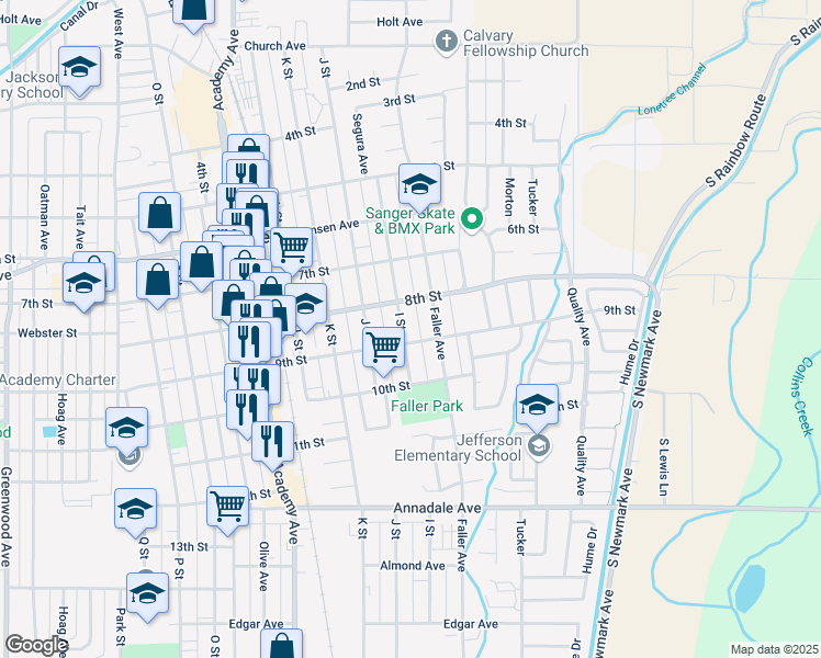 map of restaurants, bars, coffee shops, grocery stores, and more near 825 I Street in Sanger
