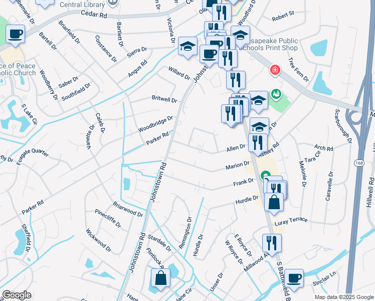 map of restaurants, bars, coffee shops, grocery stores, and more near 221 Allen Drive in Chesapeake
