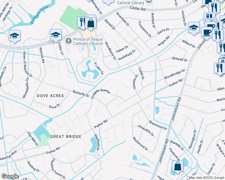 map of restaurants, bars, coffee shops, grocery stores, and more near 404 Southern Oaks Drive in Chesapeake