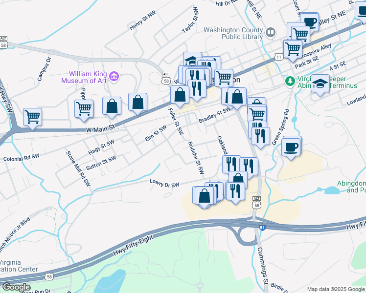map of restaurants, bars, coffee shops, grocery stores, and more near 357 Jamison Street Southwest in Abingdon