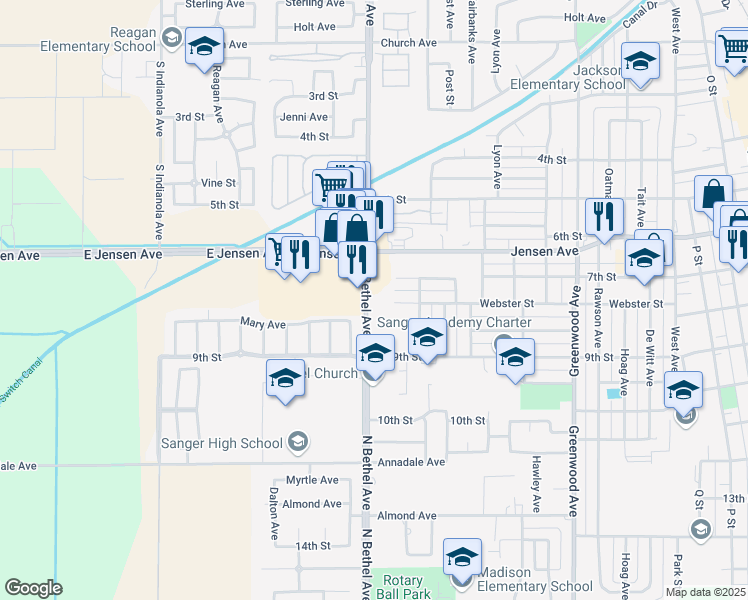 map of restaurants, bars, coffee shops, grocery stores, and more near 790 North Bethel Avenue in Sanger