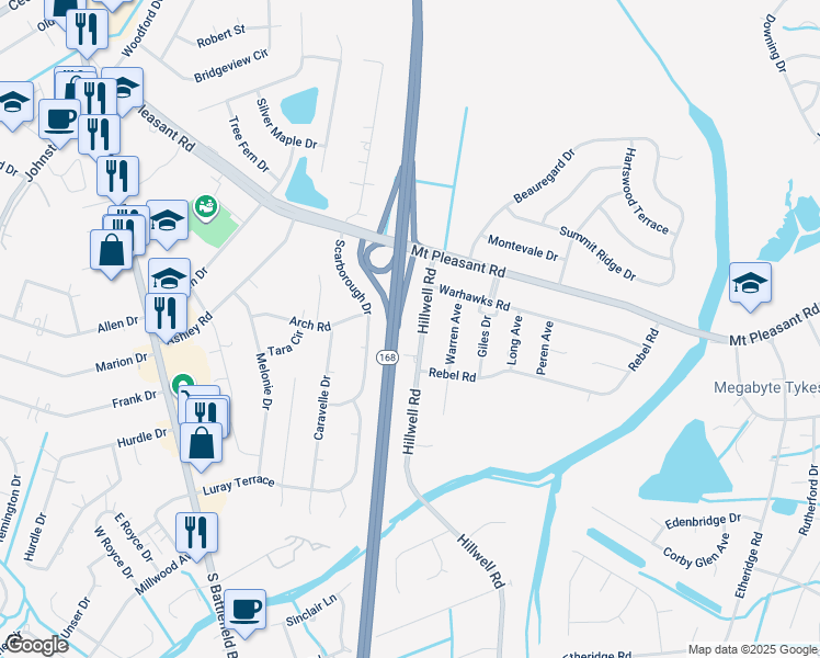 map of restaurants, bars, coffee shops, grocery stores, and more near 540 Hillwell Road in Chesapeake