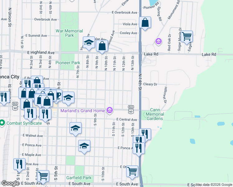 map of restaurants, bars, coffee shops, grocery stores, and more near 208 North 11th Street in Ponca City