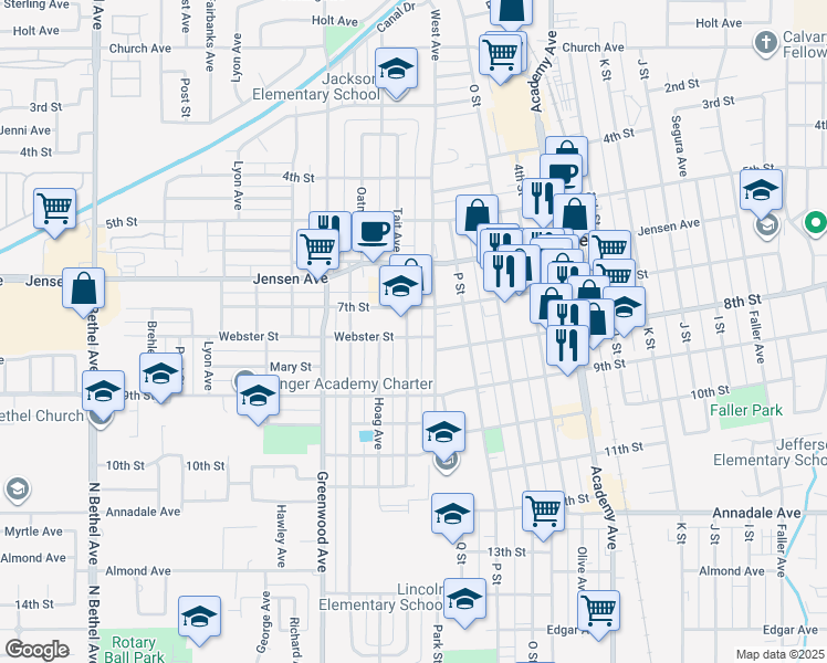 map of restaurants, bars, coffee shops, grocery stores, and more near 728 De Witt Avenue in Sanger