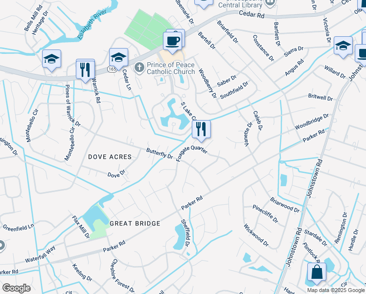 map of restaurants, bars, coffee shops, grocery stores, and more near 544 Foxgate Quarter in Chesapeake