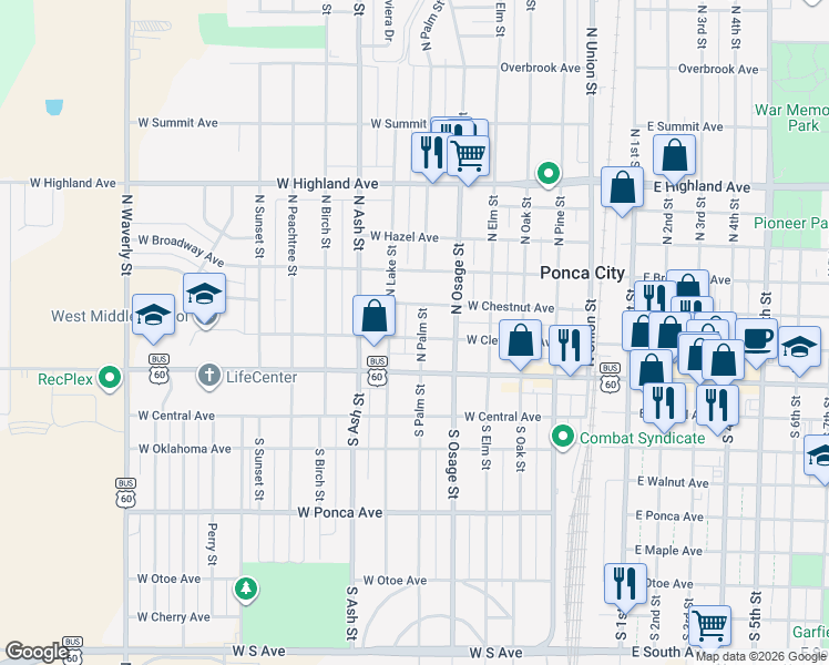 map of restaurants, bars, coffee shops, grocery stores, and more near 202 North Palm Street in Ponca City