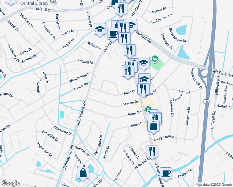 map of restaurants, bars, coffee shops, grocery stores, and more near 200 Allen Drive in Chesapeake