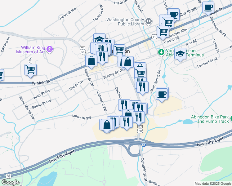 map of restaurants, bars, coffee shops, grocery stores, and more near 362 Oakland Street Southwest in Abingdon