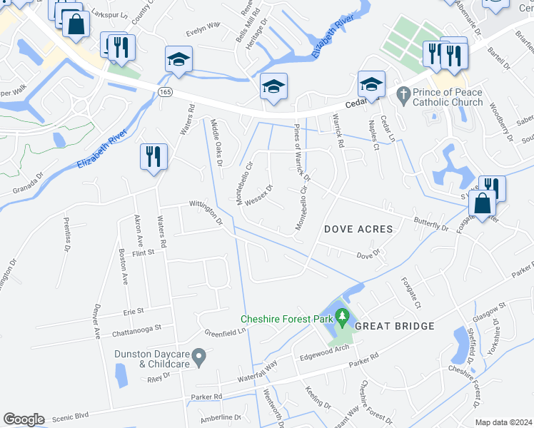 map of restaurants, bars, coffee shops, grocery stores, and more near 501 Brandy Court in Chesapeake