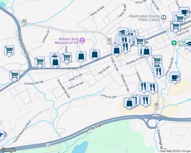 map of restaurants, bars, coffee shops, grocery stores, and more near 441 Bradley Street Southwest in Abingdon