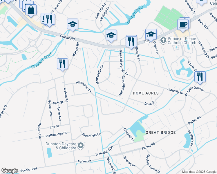 map of restaurants, bars, coffee shops, grocery stores, and more near 501 Brandy Court in Chesapeake