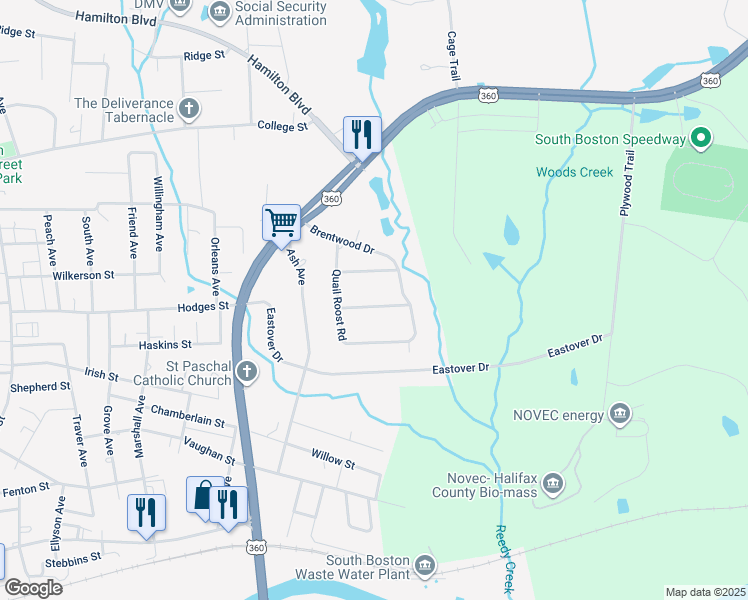 map of restaurants, bars, coffee shops, grocery stores, and more near 509 Bellwood Lane in South Boston