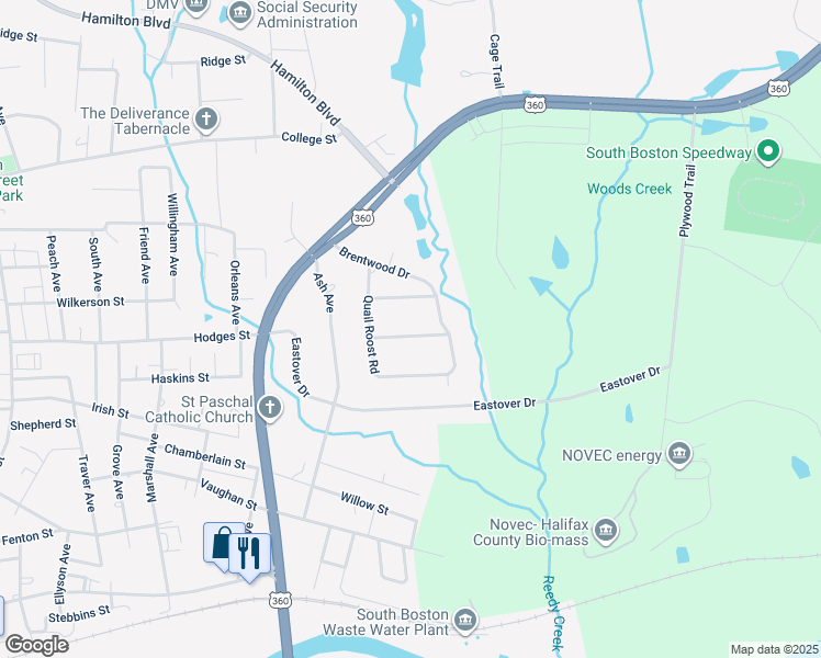 map of restaurants, bars, coffee shops, grocery stores, and more near 509 Bellwood Lane in South Boston