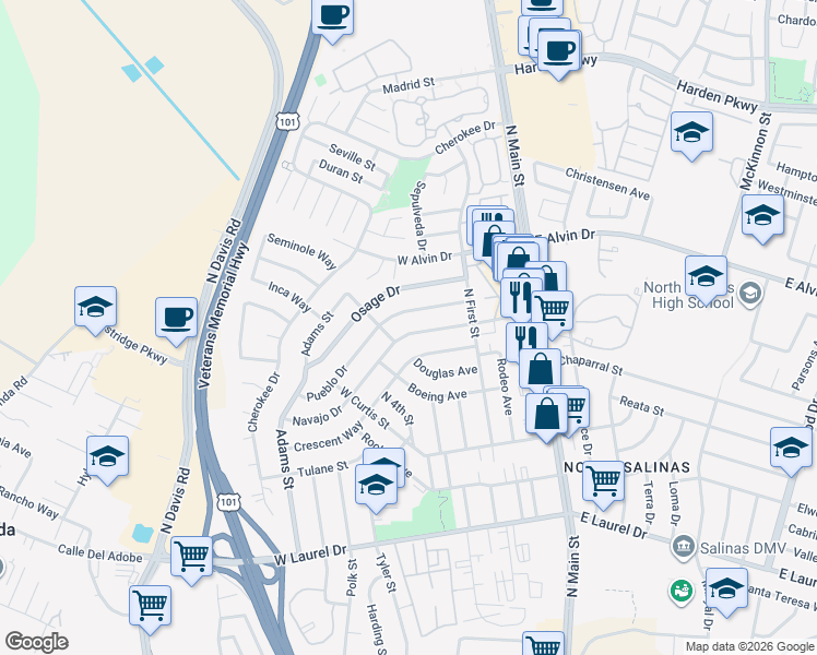map of restaurants, bars, coffee shops, grocery stores, and more near 245 Navajo Drive in Salinas