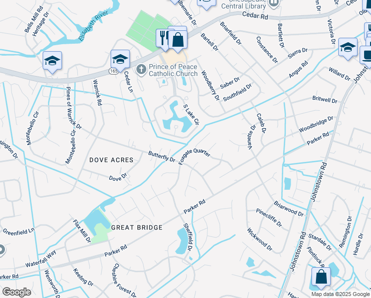map of restaurants, bars, coffee shops, grocery stores, and more near 544 Foxgate Quarter in Chesapeake