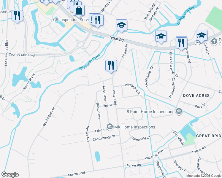 map of restaurants, bars, coffee shops, grocery stores, and more near 529 Waters Road in Chesapeake