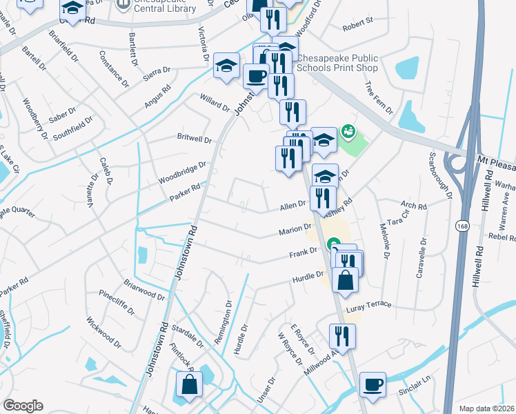 map of restaurants, bars, coffee shops, grocery stores, and more near 200 Allen Drive in Chesapeake
