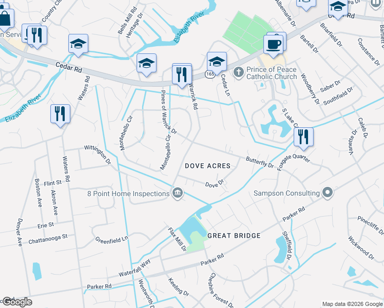 map of restaurants, bars, coffee shops, grocery stores, and more near 405 Warrick Road in Chesapeake
