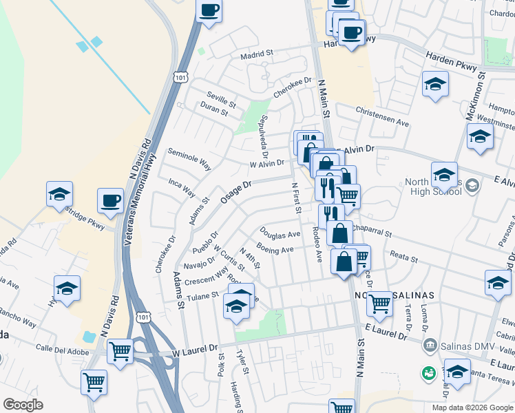 map of restaurants, bars, coffee shops, grocery stores, and more near 245 Navajo Drive in Salinas
