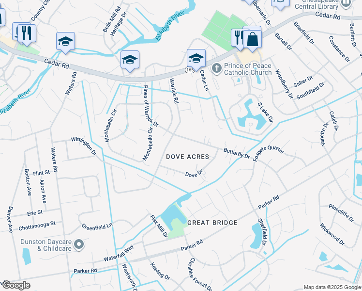 map of restaurants, bars, coffee shops, grocery stores, and more near 653 Butterfly Drive in Chesapeake