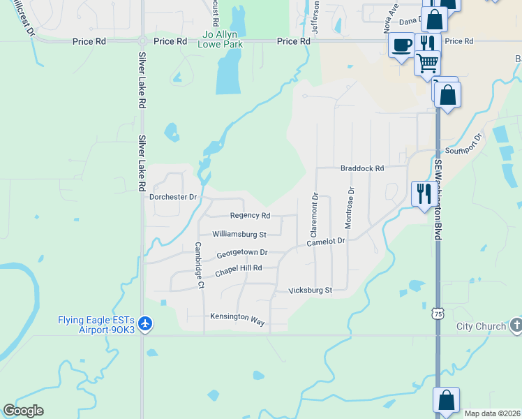 map of restaurants, bars, coffee shops, grocery stores, and more near 2616 Regency Rd in Bartlesville