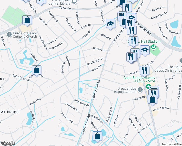 map of restaurants, bars, coffee shops, grocery stores, and more near 412 Parker Road in Chesapeake