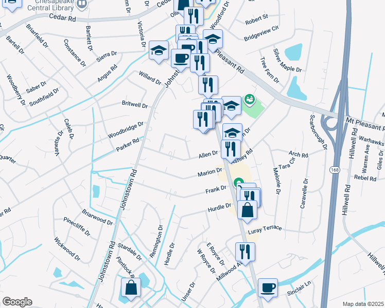 map of restaurants, bars, coffee shops, grocery stores, and more near 200 Allen Drive in Chesapeake