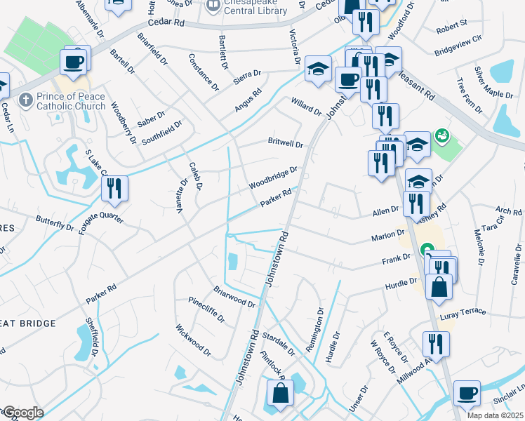 map of restaurants, bars, coffee shops, grocery stores, and more near 412 Parker Road in Chesapeake