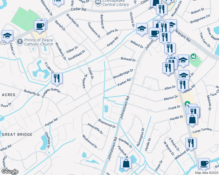 map of restaurants, bars, coffee shops, grocery stores, and more near 425 Parker Road in Chesapeake