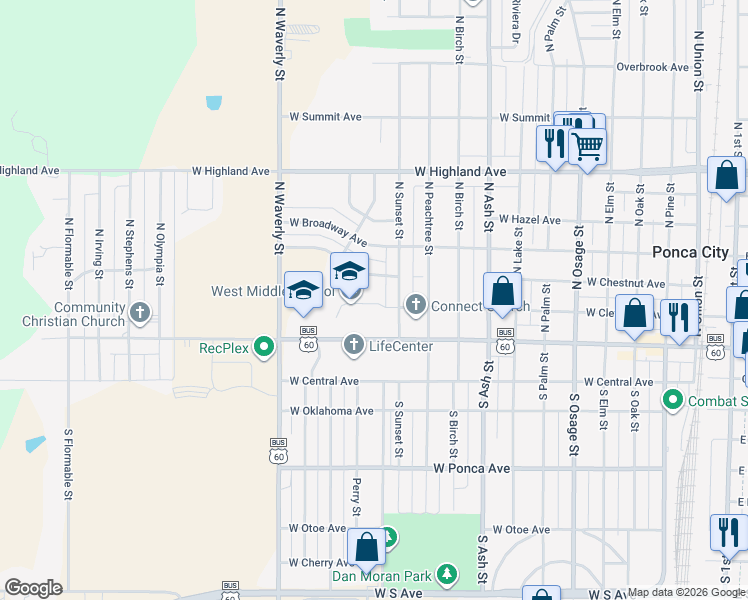 map of restaurants, bars, coffee shops, grocery stores, and more near 1401 West Grand Avenue in Ponca City