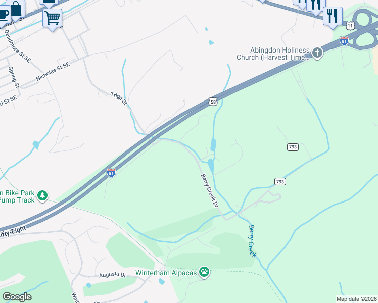 map of restaurants, bars, coffee shops, grocery stores, and more near County Road 793 in Abingdon