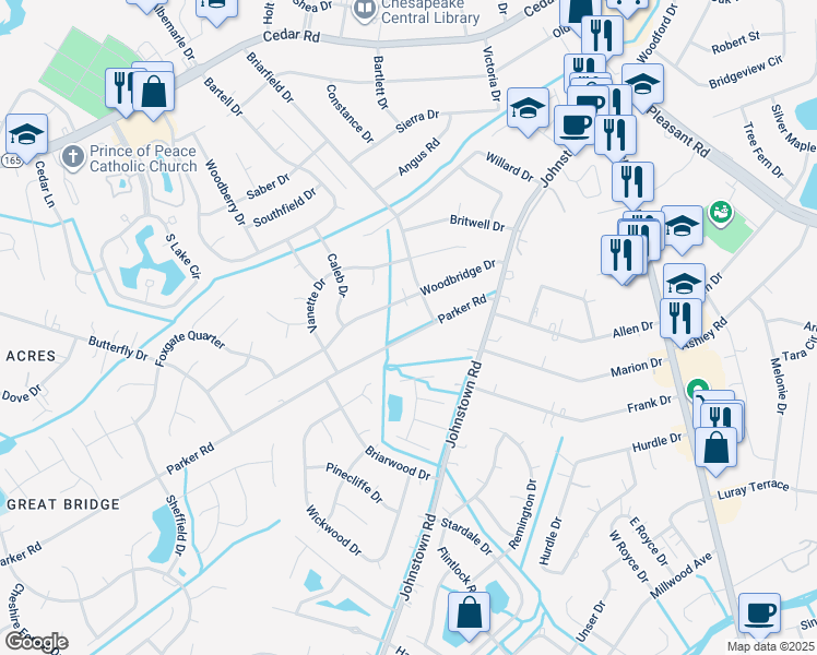 map of restaurants, bars, coffee shops, grocery stores, and more near 425 Parker Road in Chesapeake