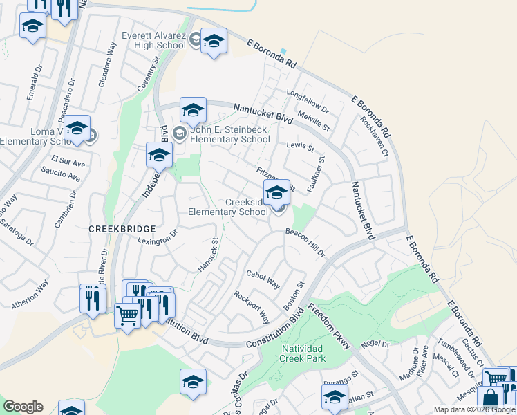 map of restaurants, bars, coffee shops, grocery stores, and more near 1031 Newington Street in Salinas