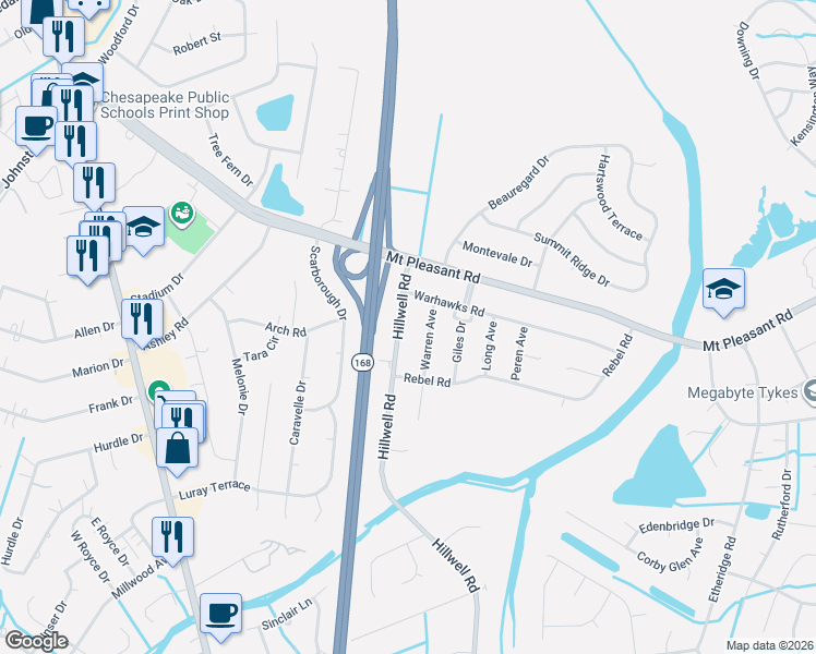 map of restaurants, bars, coffee shops, grocery stores, and more near 536 Warren Avenue in Chesapeake