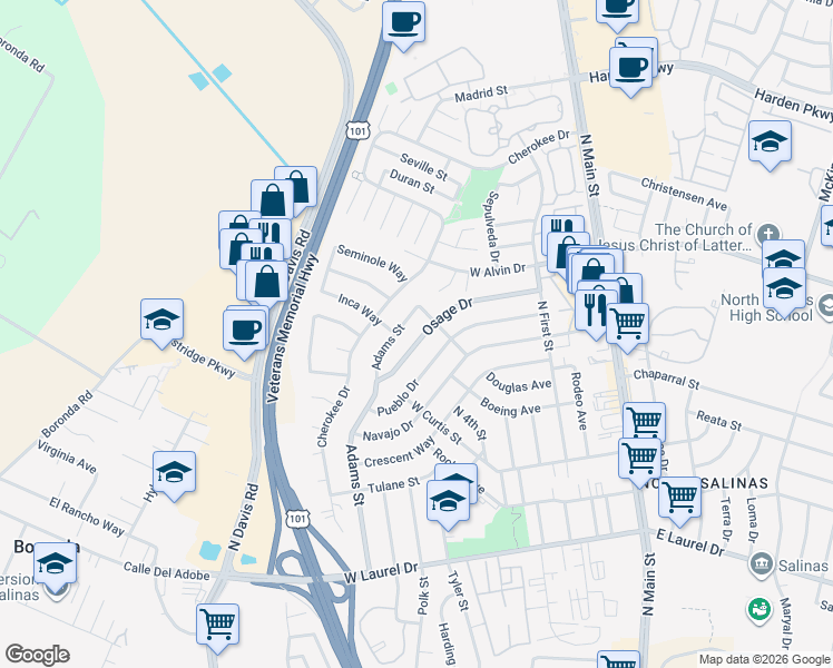 map of restaurants, bars, coffee shops, grocery stores, and more near 323 Osage Drive in Salinas