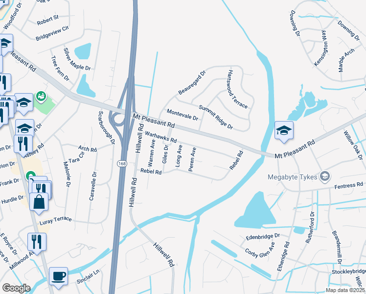 map of restaurants, bars, coffee shops, grocery stores, and more near 529 Long Avenue in Chesapeake