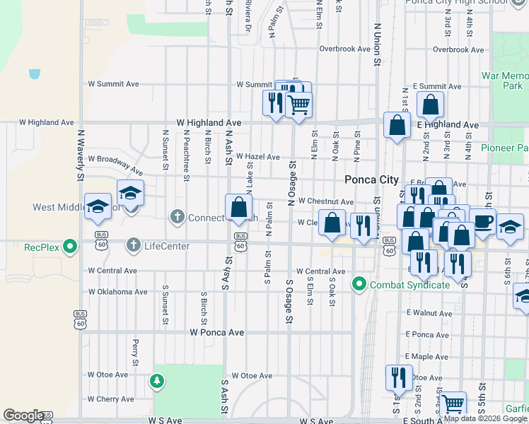 map of restaurants, bars, coffee shops, grocery stores, and more near 202 North Palm Street in Ponca City