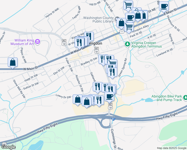 map of restaurants, bars, coffee shops, grocery stores, and more near 362 Oakland Street Southwest in Abingdon