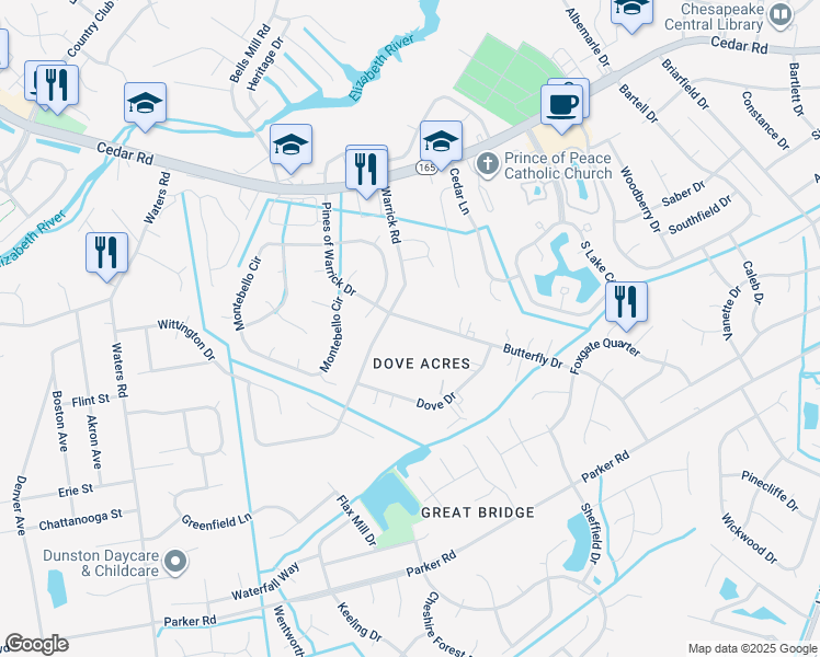 map of restaurants, bars, coffee shops, grocery stores, and more near 653 Butterfly Drive in Chesapeake