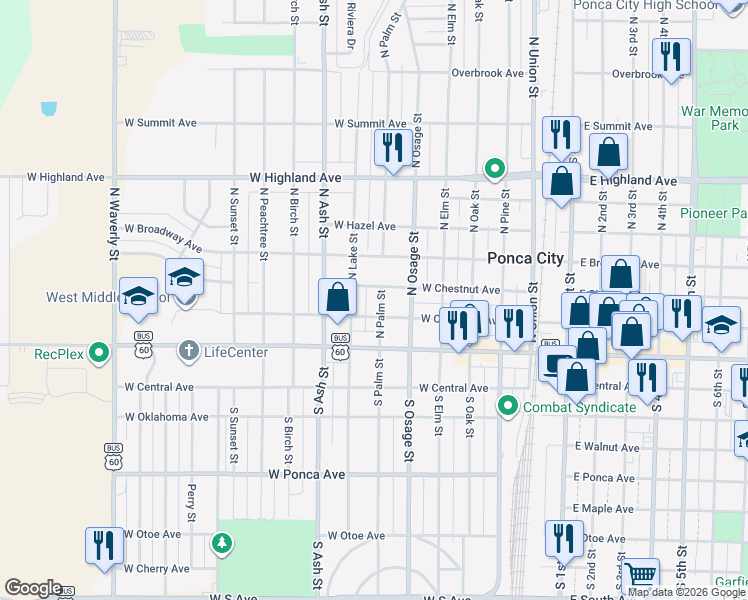 map of restaurants, bars, coffee shops, grocery stores, and more near 202 North Palm Street in Ponca City