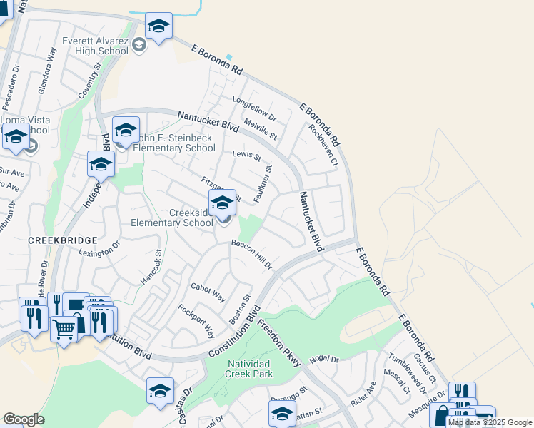 map of restaurants, bars, coffee shops, grocery stores, and more near Declaration Street & Wellington Court in Salinas