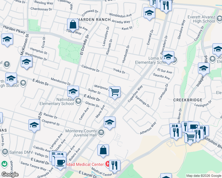 map of restaurants, bars, coffee shops, grocery stores, and more near 1532 Marin Avenue in Salinas