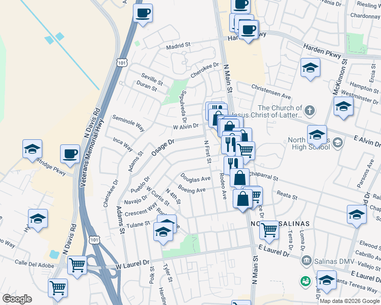 map of restaurants, bars, coffee shops, grocery stores, and more near 245 Navajo Drive in Salinas